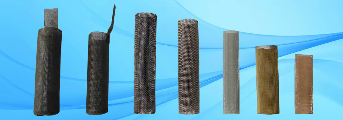 A row of cylindrical filters made of different materials.