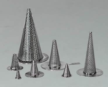 Several different sizes of conical strainers spread on the white background.