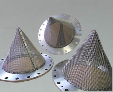 Conical strainer with mounting flange.