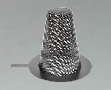 Conical strainer made of black painted perforated mesh with flat bottom and a handle shank.
