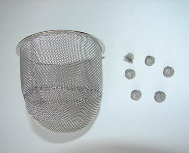 Conical strainer with half round bottom and stainless steel edge.