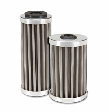 Two hydraulic oil filters made of pleated low carbon steel mesh stand on the white background.