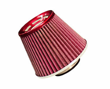 An air filter made of stainless steel mesh painted in red color.
