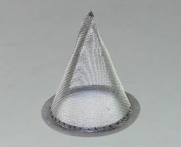Conical strainer made of woven mesh cloth with sharp bottom.