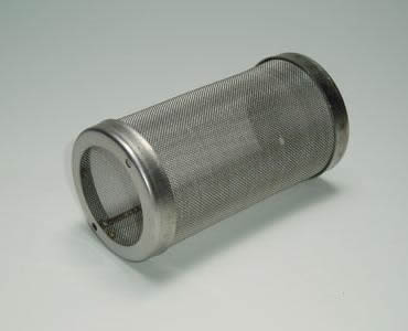 A cylindrical filter made of fine woven mesh cloth with stainless steel edge on the two end.